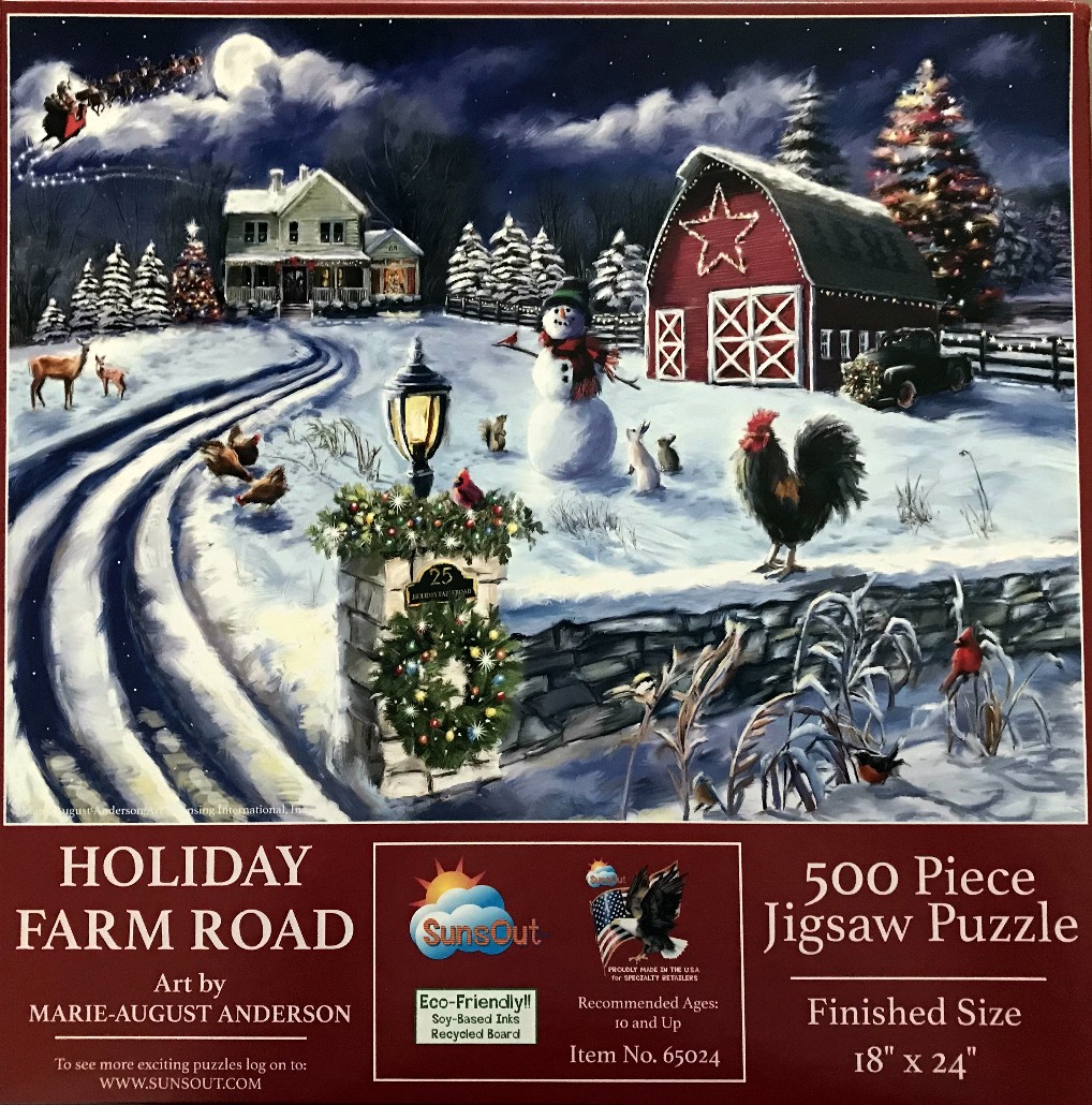 A moonlit winter farm scene featuring a red barn, a farmhouse, a snowman, and various animals.