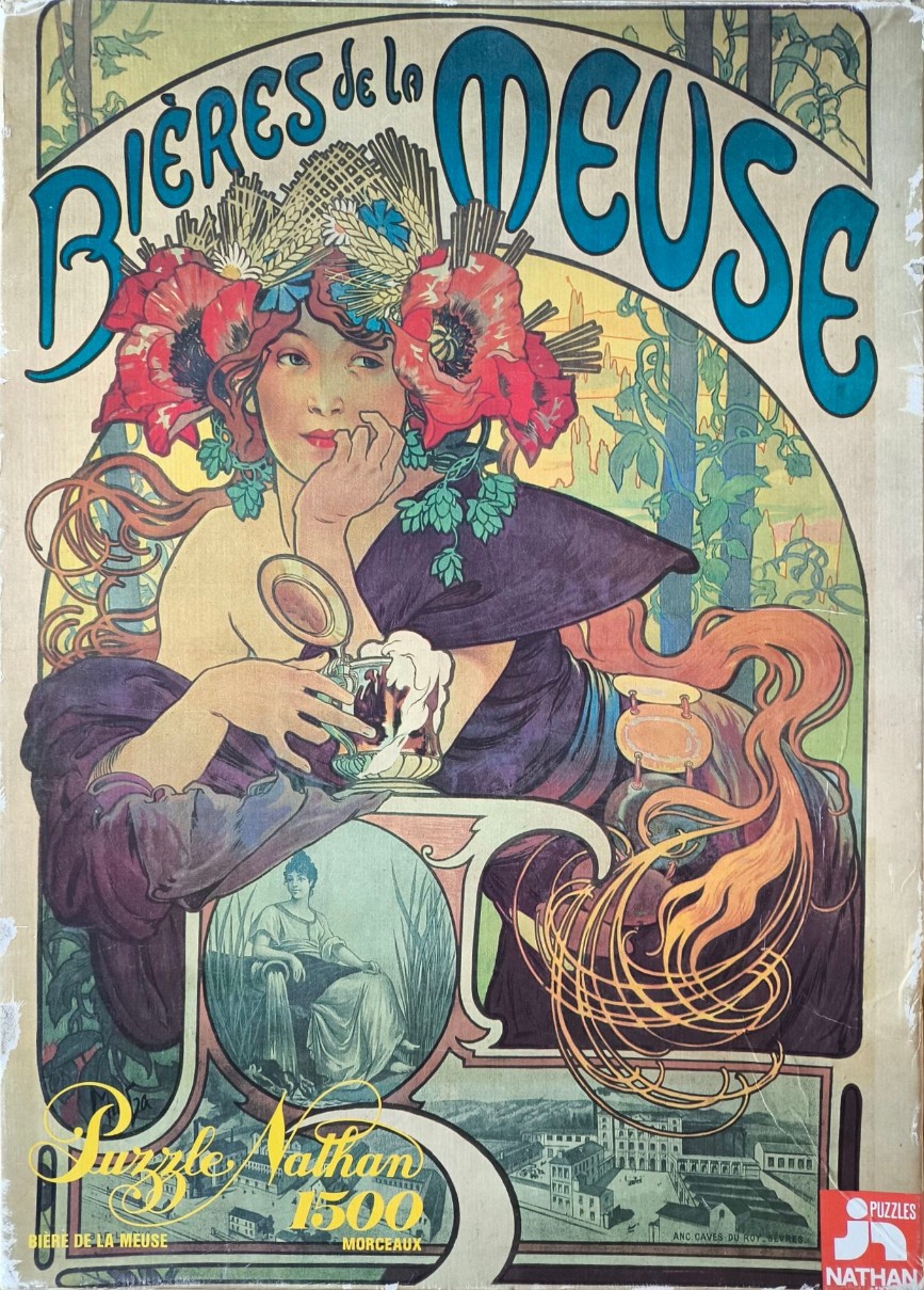 Art Nouveau poster illustration of a woman wearing a floral headdress and holding a beer stein.