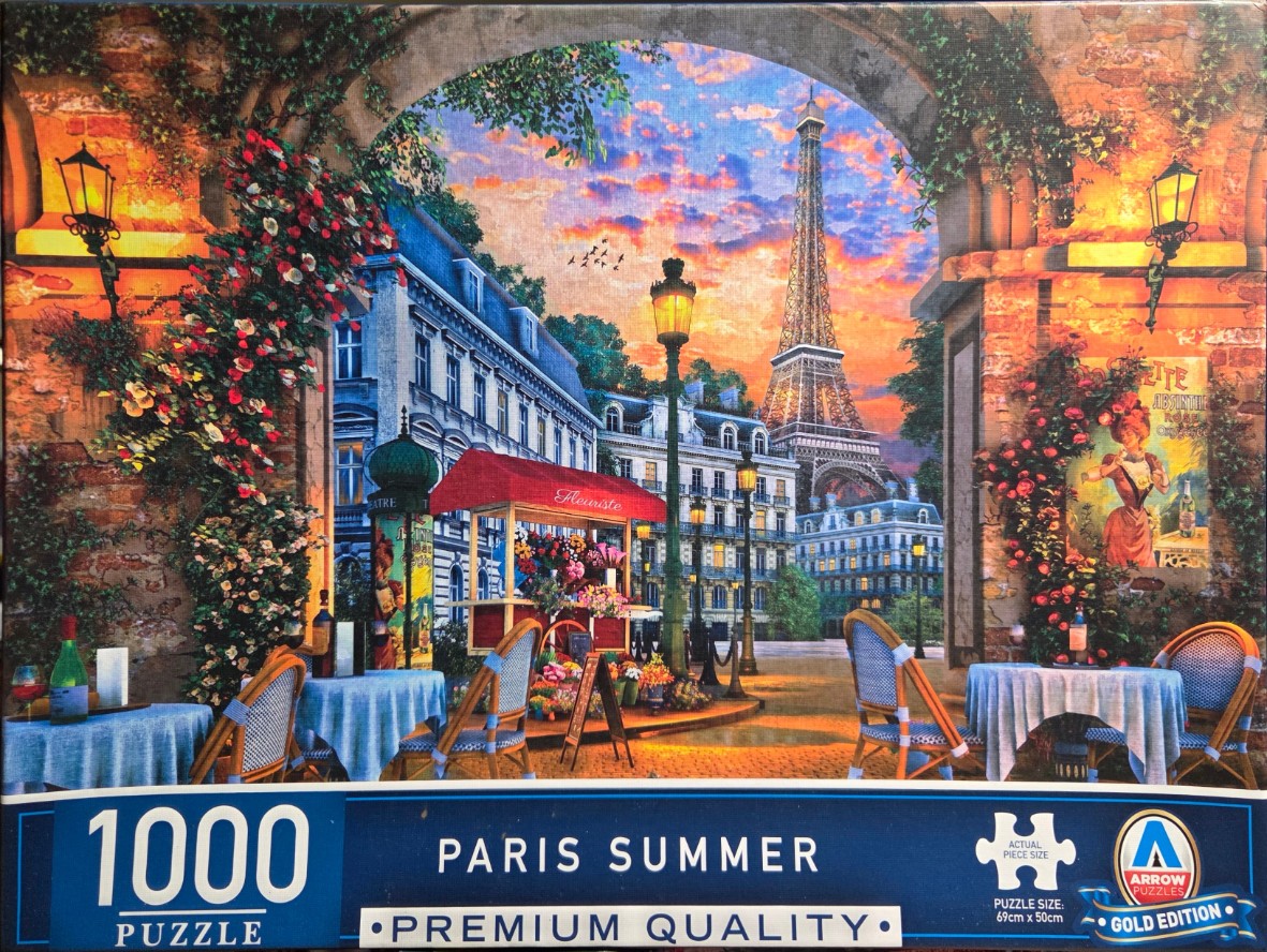 A Parisian street scene at sunset framed by a stone archway, with the Eiffel Tower in the distance.