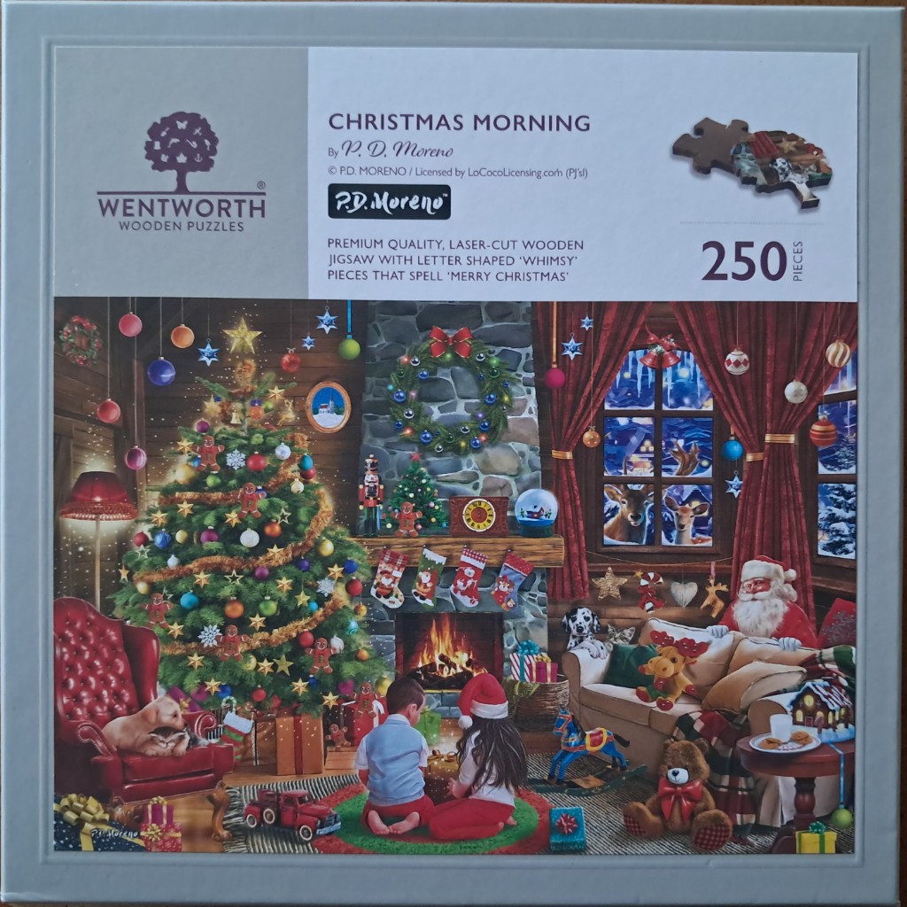 A cozy Christmas morning scene inside a log cabin with a decorated tree, a fireplace, and two children sitting on the rug.