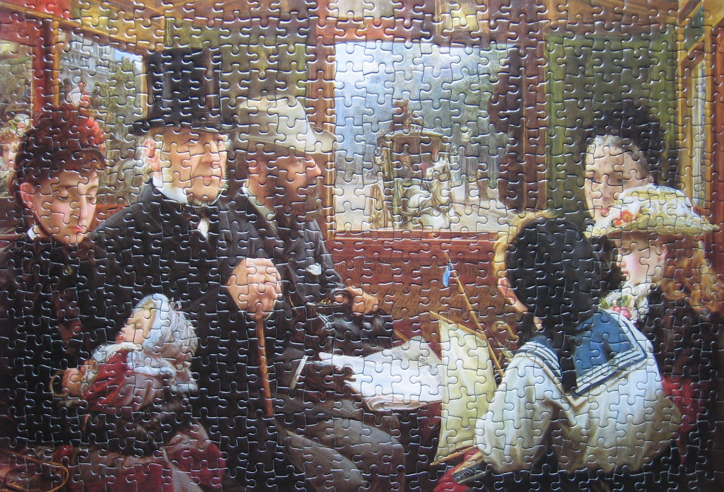 A Victorian-era family sitting inside a horse-drawn carriage in an oil painting style.