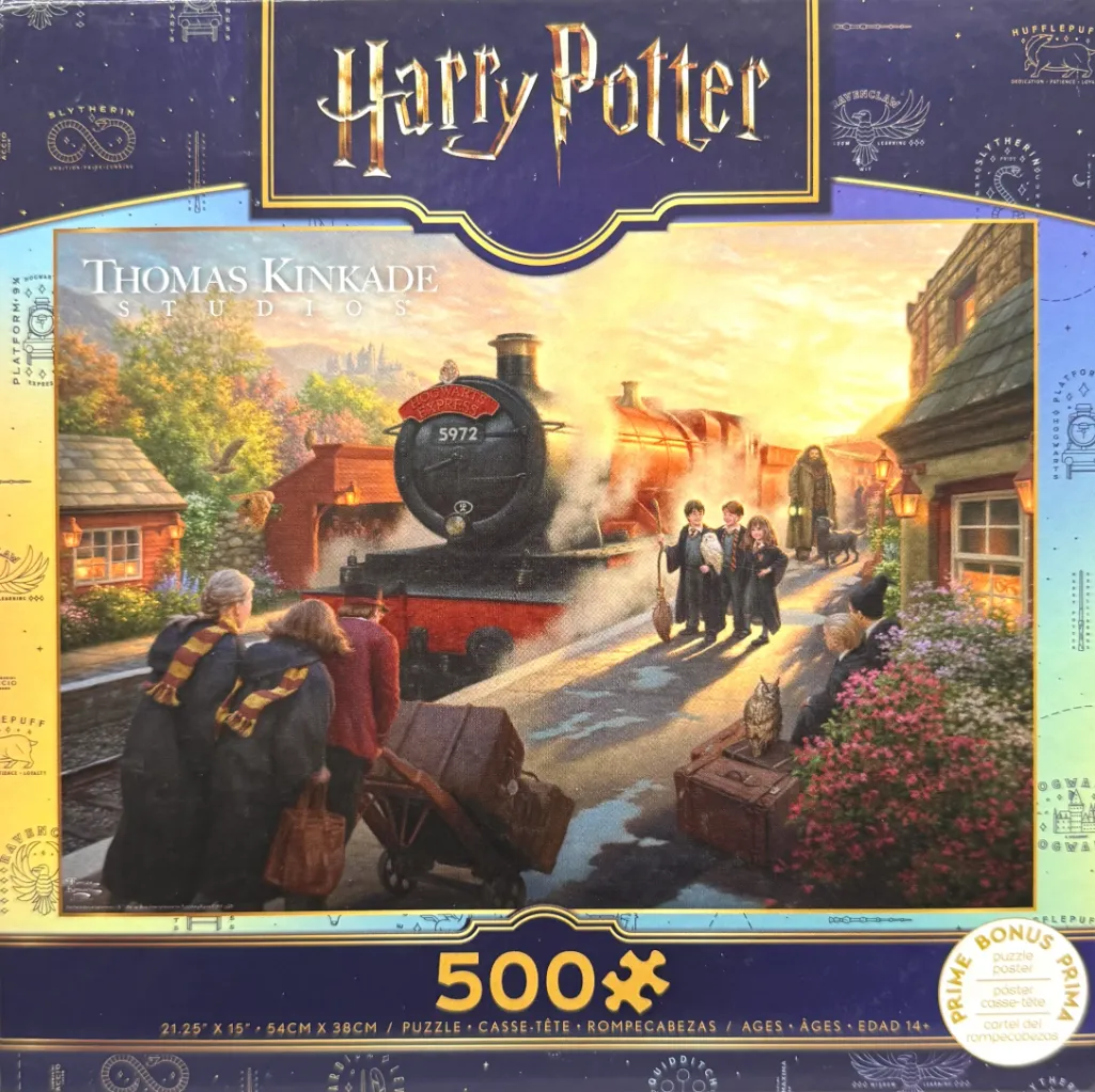 A nostalgic painting of the Hogwarts Express train at a station with Harry Potter characters at sunset.
