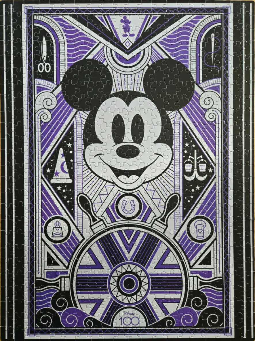 Art Deco-style poster featuring Mickey Mouse with iconic symbols in purple, black, and white.