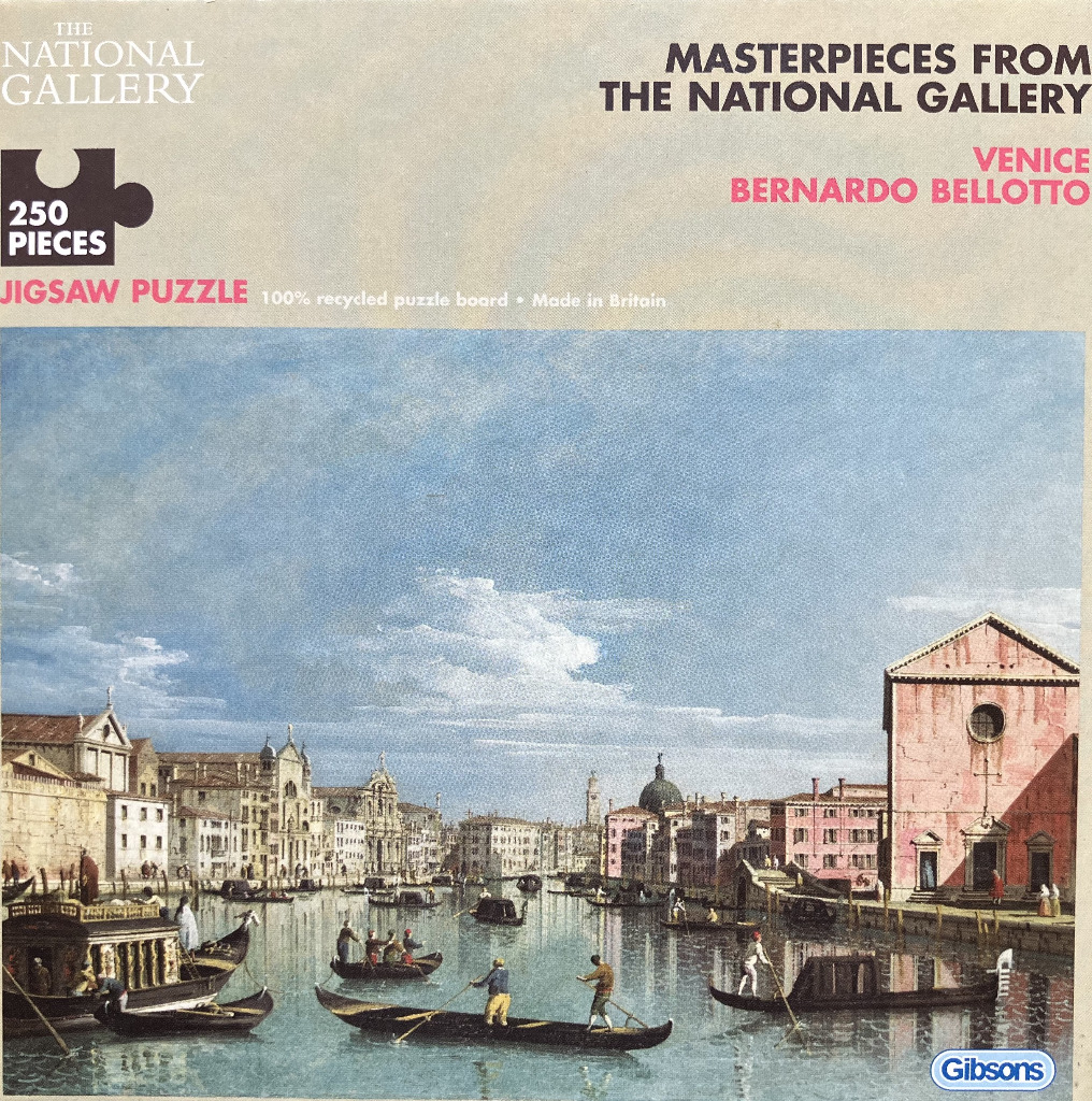 An 18th-century oil painting of the Venice Grand Canal featuring boats and neoclassical buildings under a blue sky.