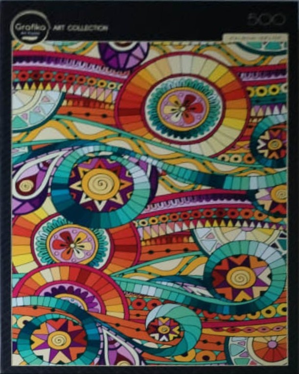 Abstract illustration featuring swirling patterns, vibrant circular motifs, and colorful geometric designs.