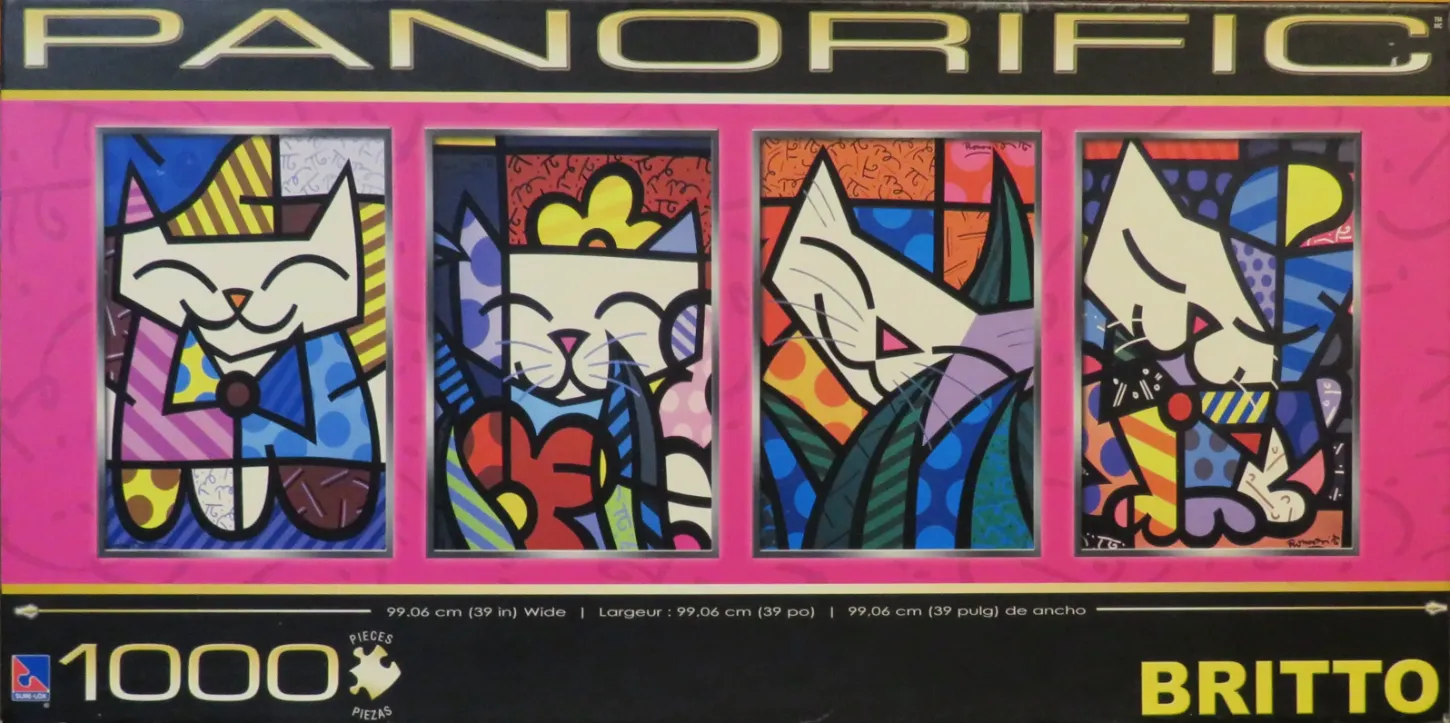Four stylized, pop-art style cat portraits in a row with vibrant colors and bold black outlines.