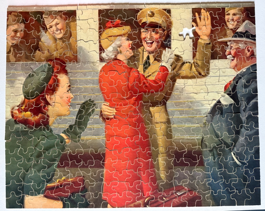 Vintage illustration of a soldier reuniting with a woman at a train station