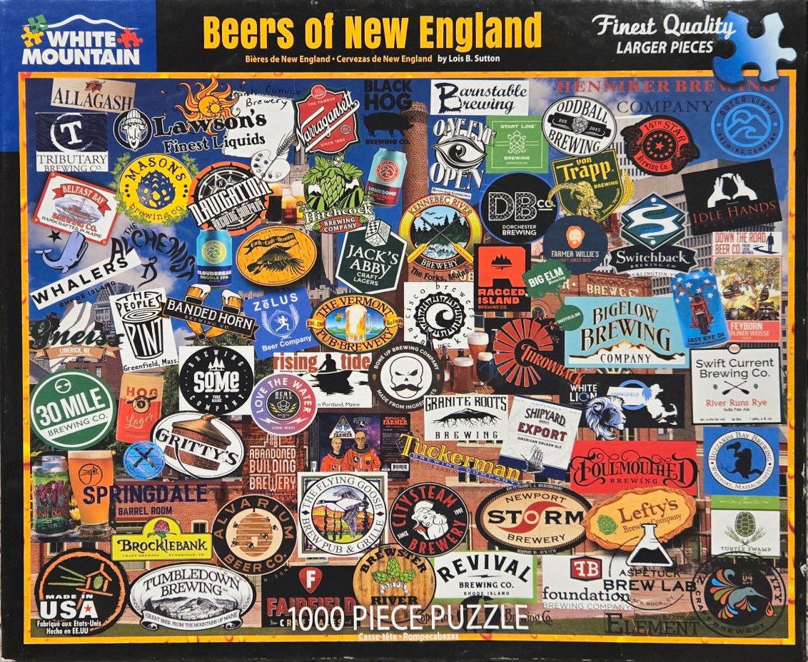 A collage of various colorful brewery logos and beer labels from New England.