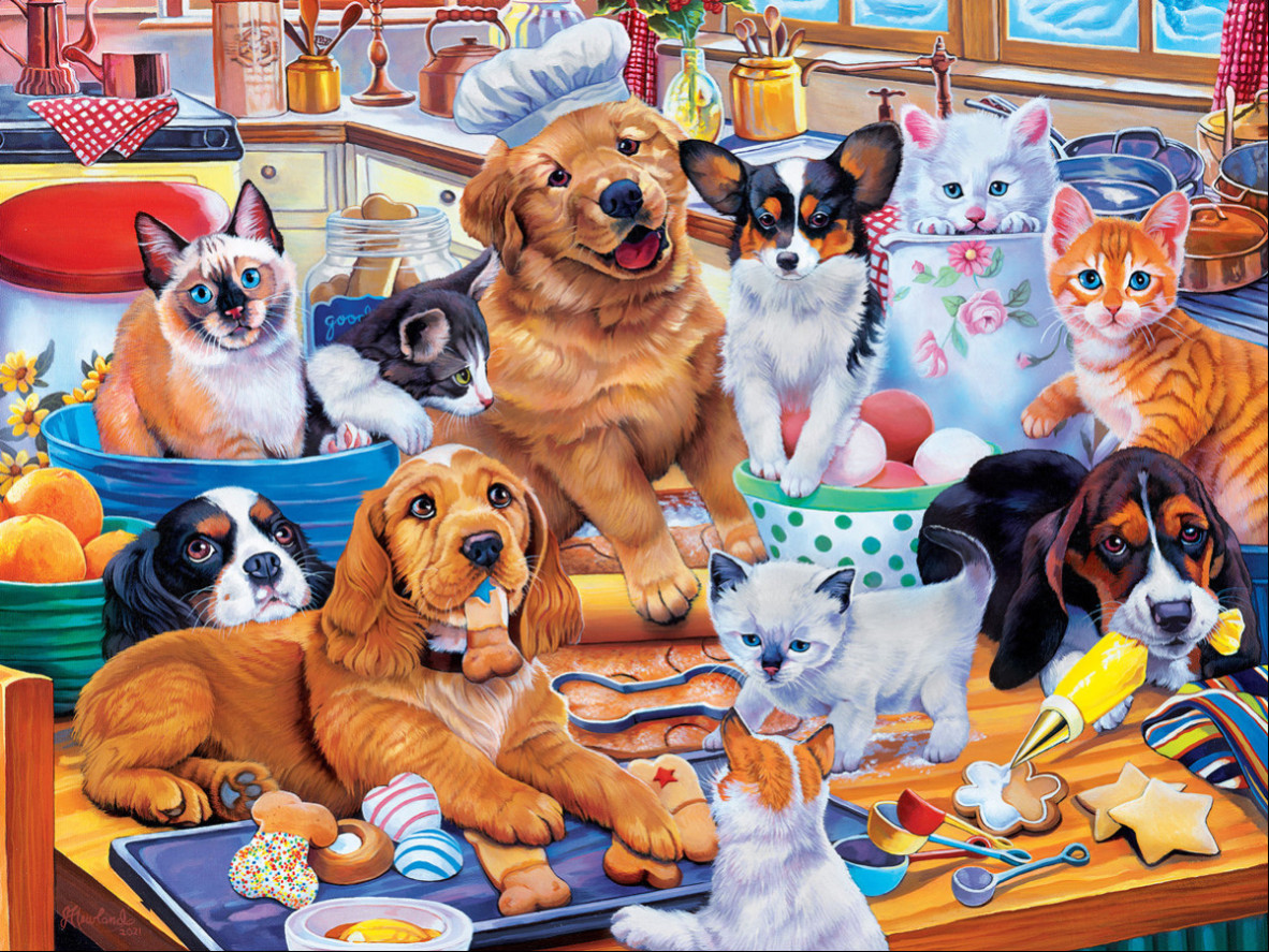 A group of playful puppies and kittens in a sunny, cluttered kitchen baking cookies.