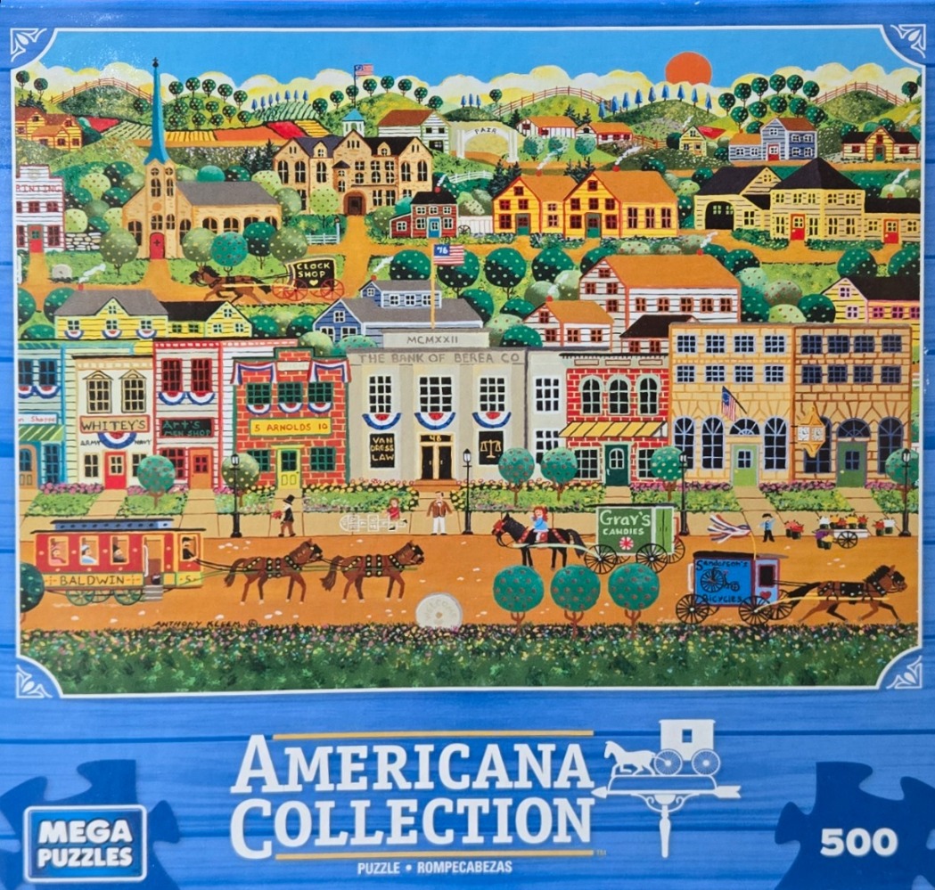 Folk art painting of a charming 19th-century American town street scene with horse-drawn carriages and classic buildings.