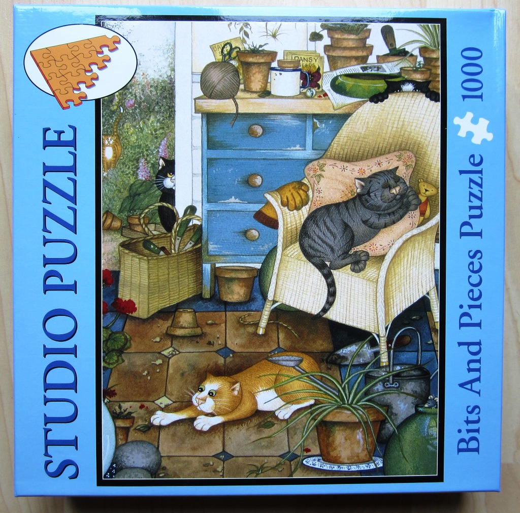 An illustration of three cats in a cluttered, sunlit potting shed or garden room.
