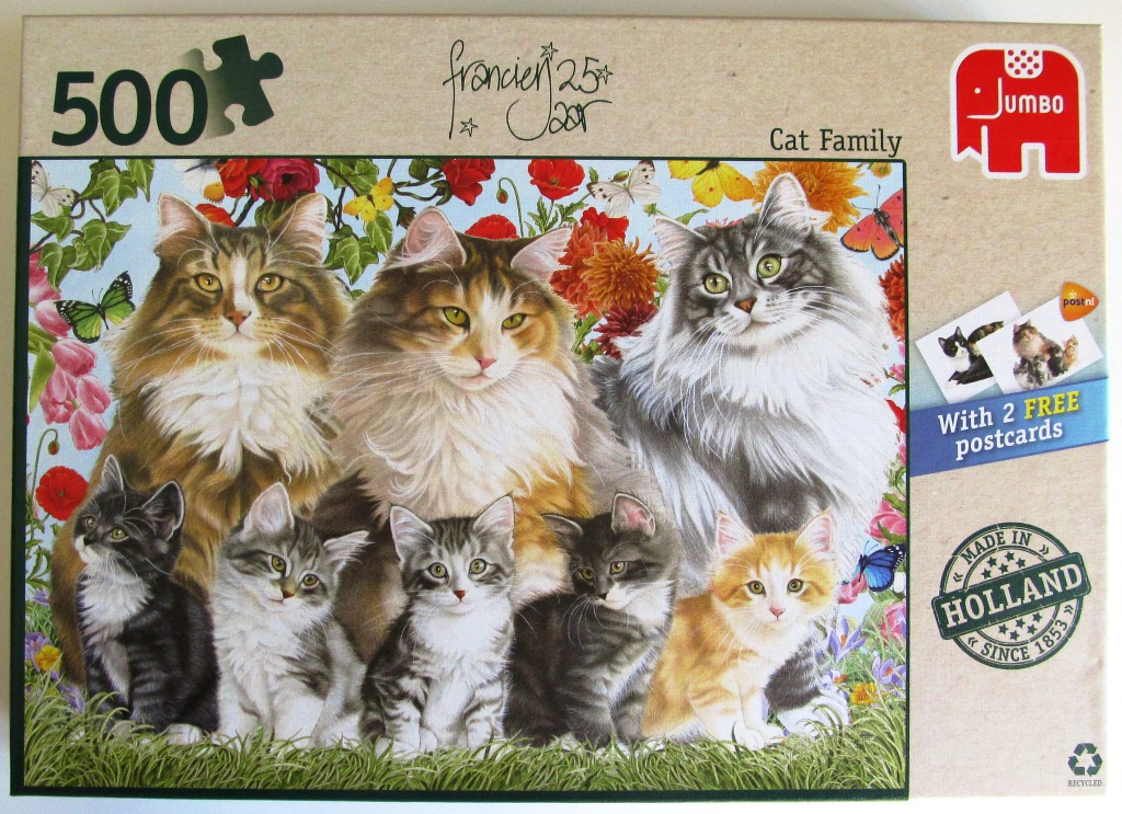 Illustration of a family of long-haired cats and kittens surrounded by bright flowers and butterflies.