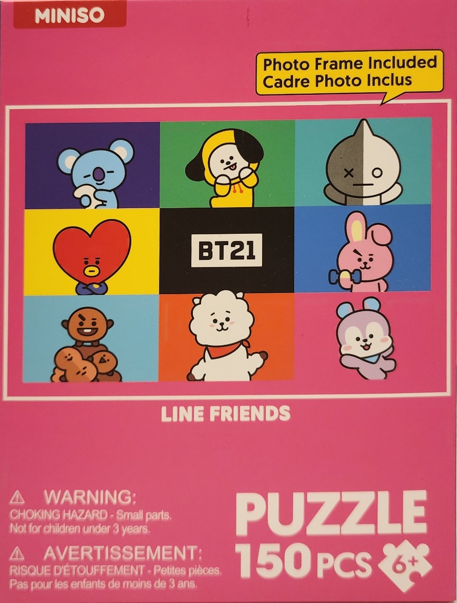 Eight colorful cartoon character icons from the BT21 franchise arranged in a 3x3 grid against a pink background.