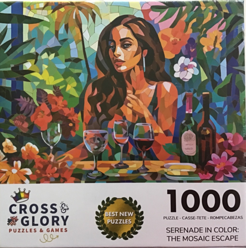A mosaic-style illustration of a woman enjoying drinks in a lush tropical setting surrounded by flowers.