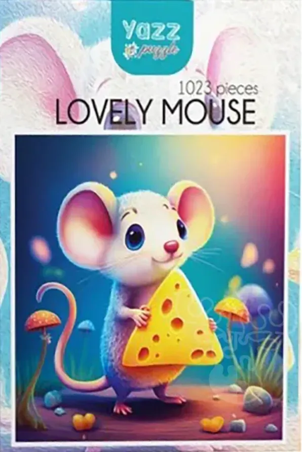 A cartoon-style illustration of a small, cute white mouse holding a large wedge of yellow cheese in a whimsical setting.