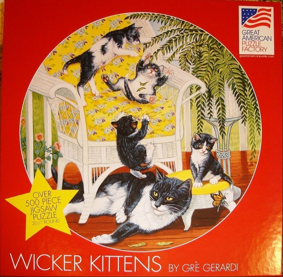 Illustration of several black and white kittens playing around a white wicker chair.