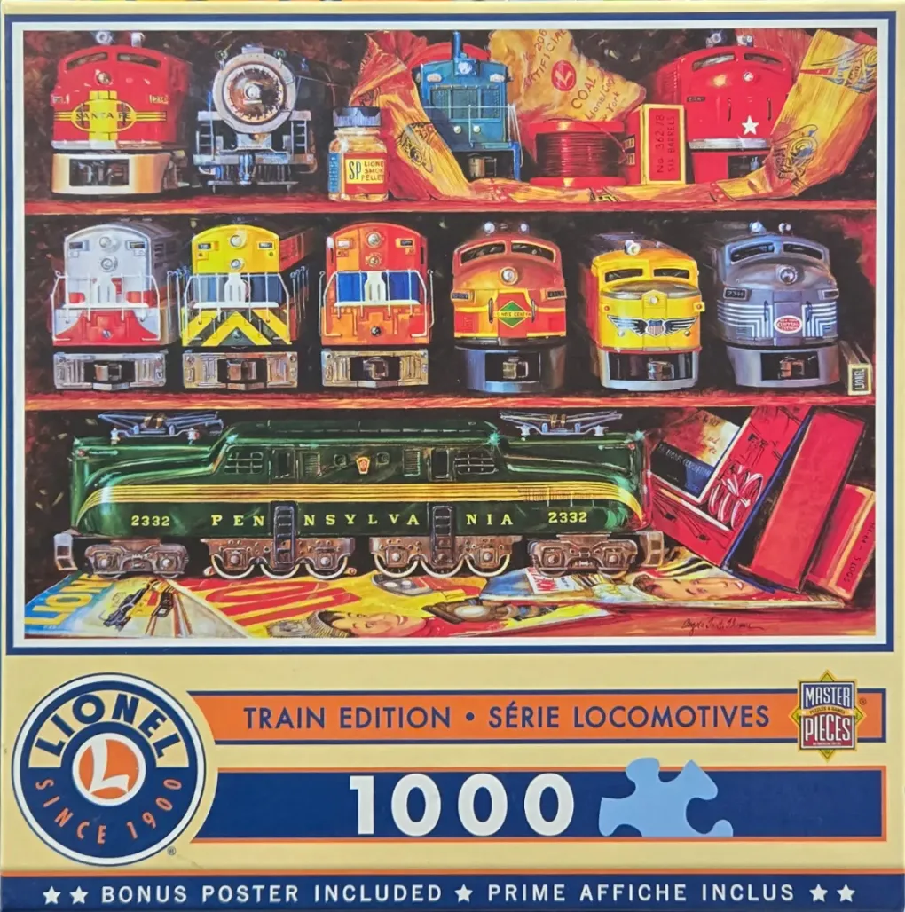 A collection of vintage model trains arranged on wooden shelves and a surface below, painted in a realistic style.