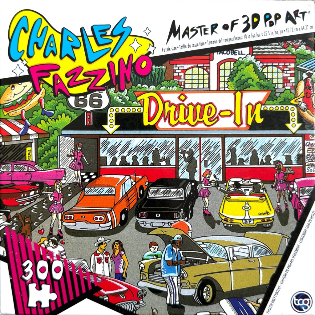 Cartoon illustration of a 1950s style drive-in restaurant with vintage cars and roller-skating waitresses.