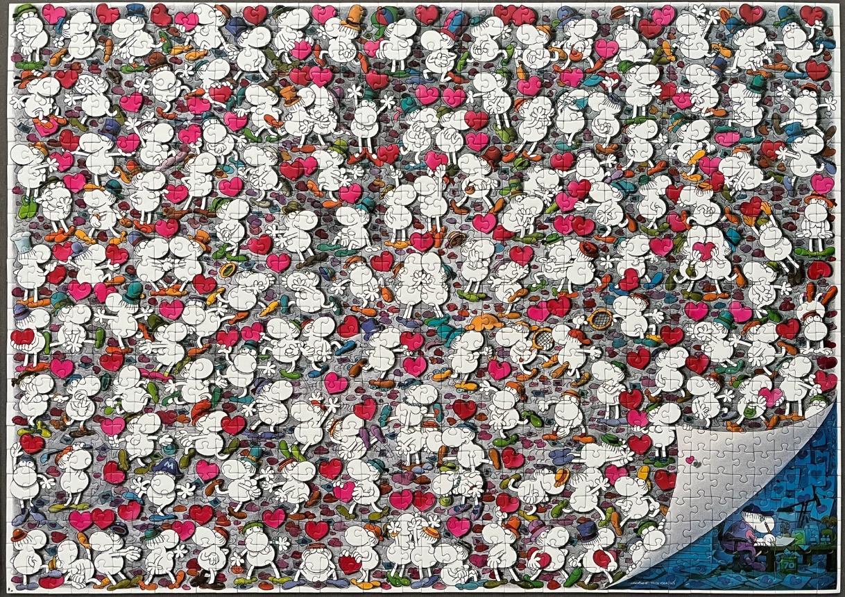 A dense, whimsical illustration of hundreds of white, round cartoon characters interacting amidst scattered red hearts.