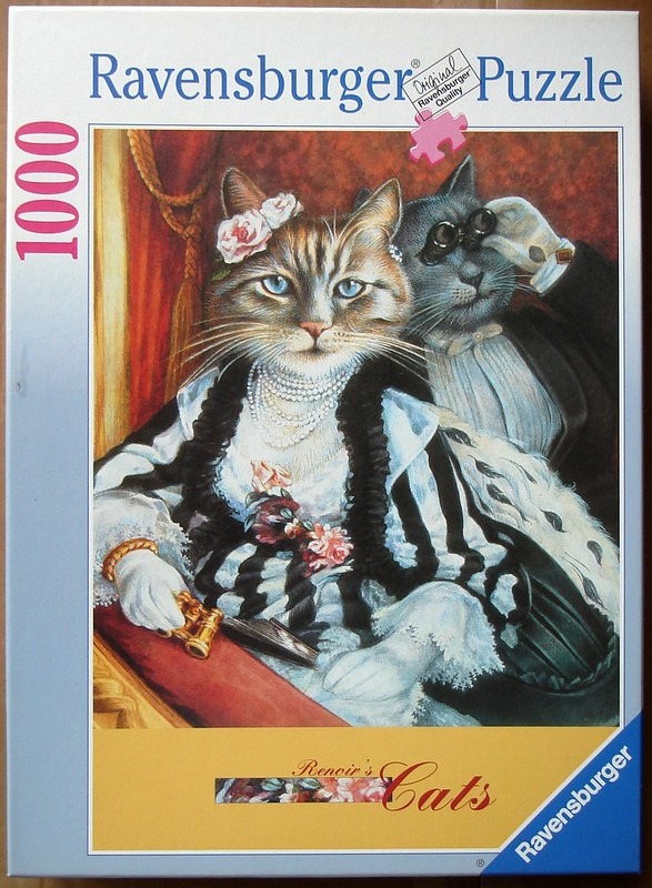 An illustration of two anthropomorphic cats in Victorian formal wear at the theatre.