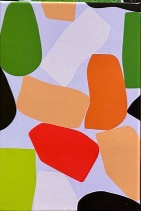 An abstract pattern of smooth, rounded organic shapes in bright, contrasting colors over a light lavender background.