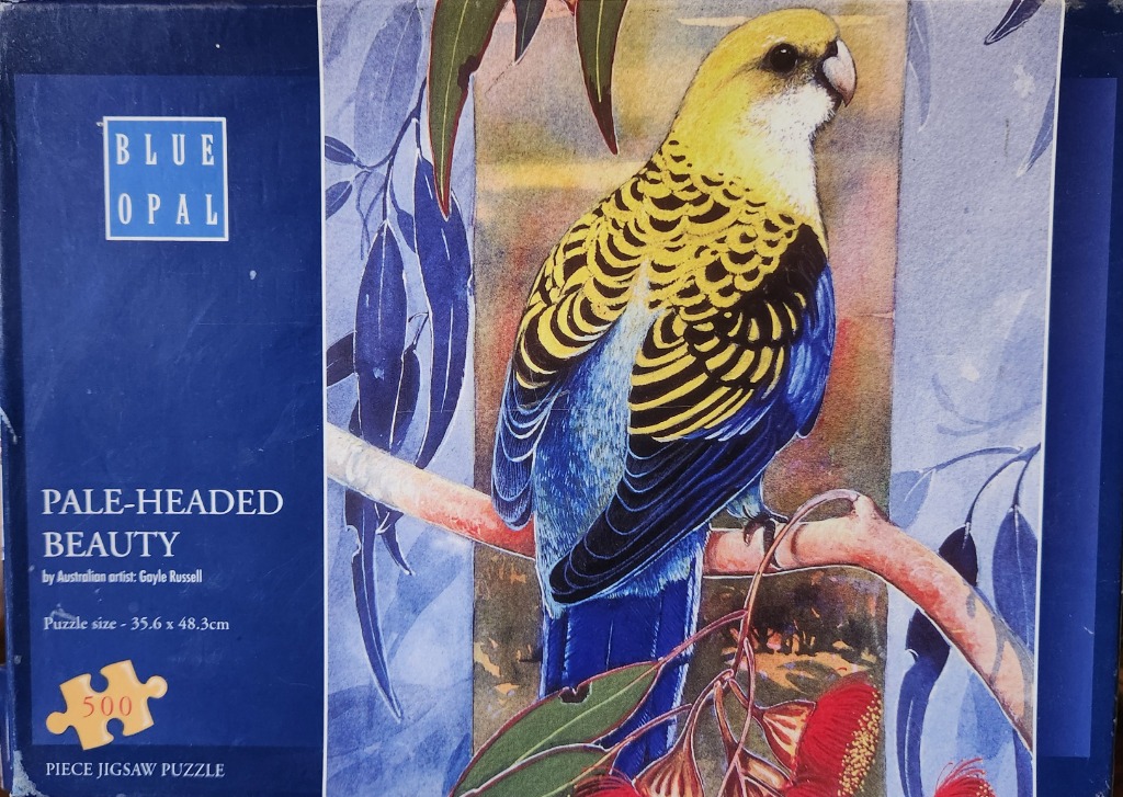 A watercolor painting of a Pale-headed Rosella parrot perched on a branch surrounded by eucalyptus foliage.