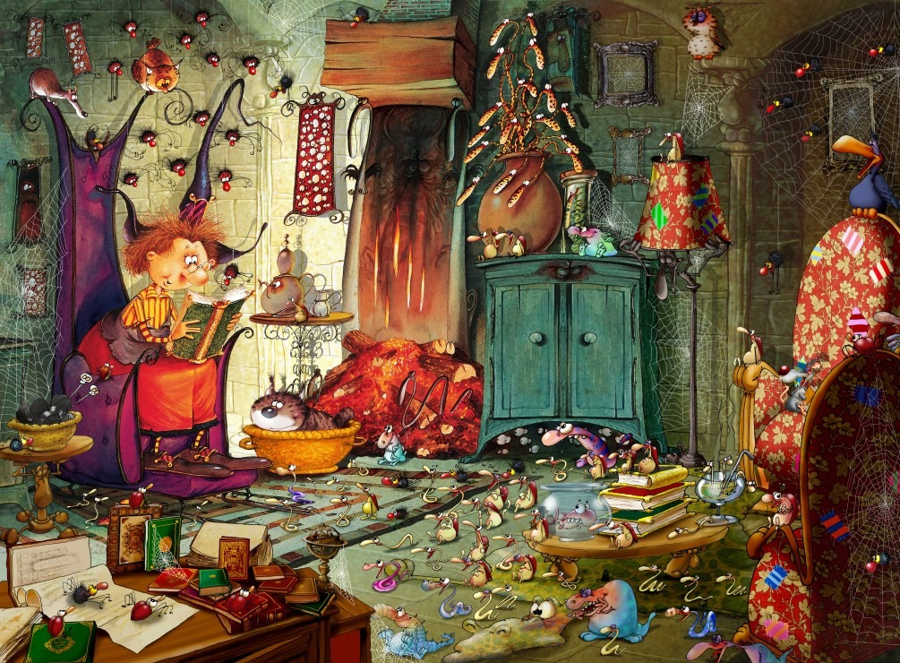 A whimsical illustration of a cozy, cluttered room inhabited by a woman reading and numerous bizarre, cute creatures.