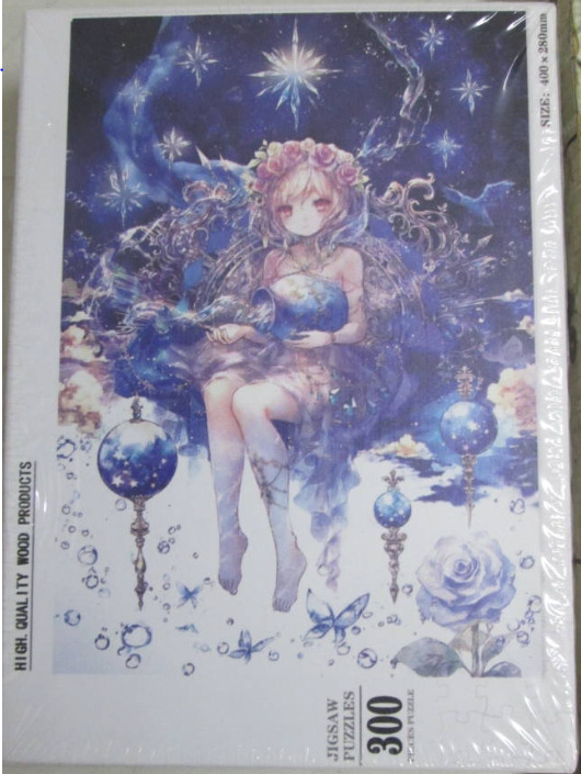 An anime-style girl with a flower crown holding a jar of water against a celestial night sky background.
