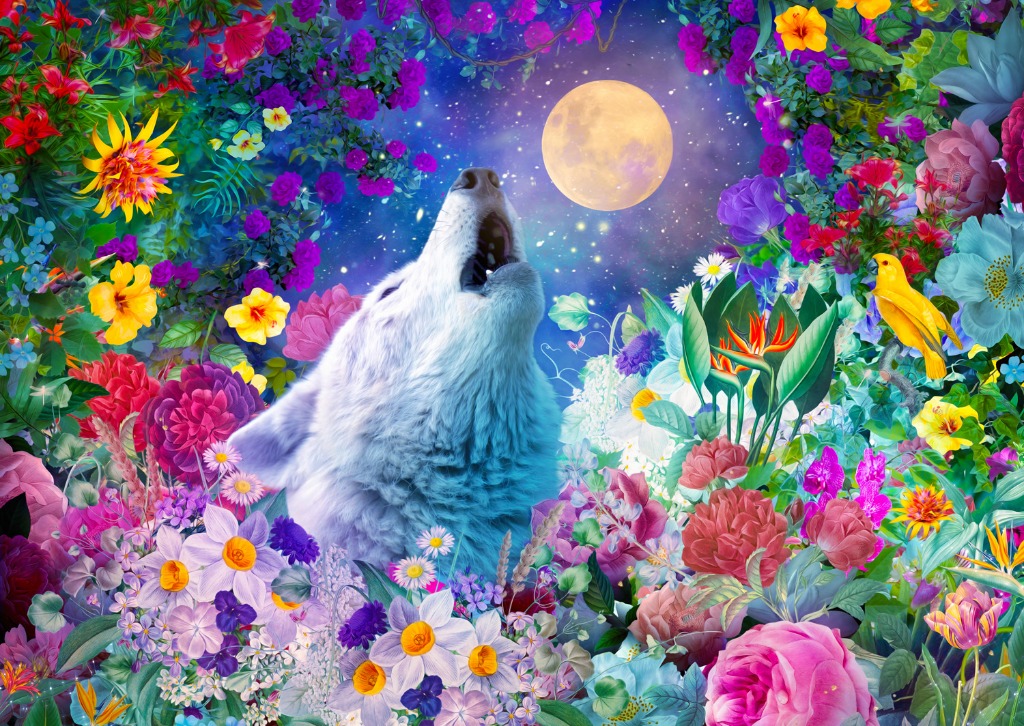 A white wolf howling at a glowing full moon surrounded by an explosion of vibrant, multi-colored tropical flowers.