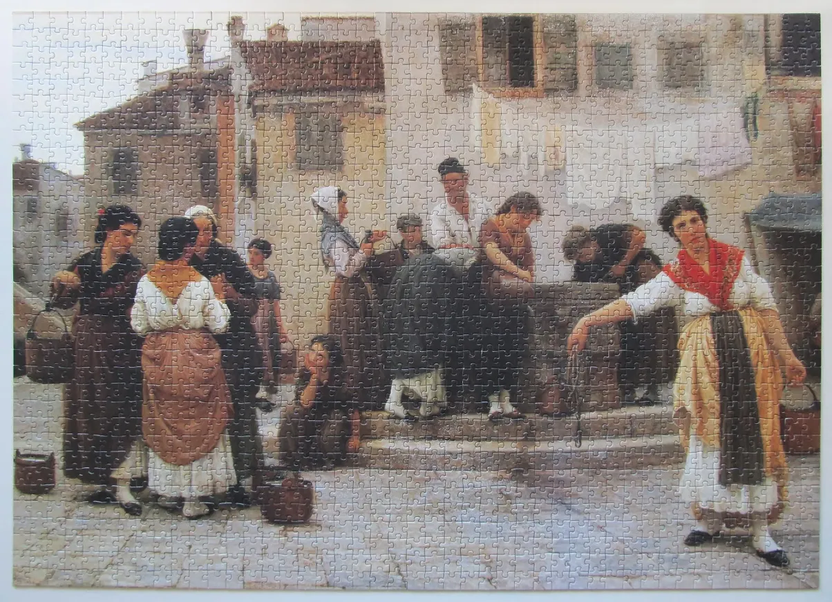 A Victorian-style painting of women gathered around a stone water well in a town square.