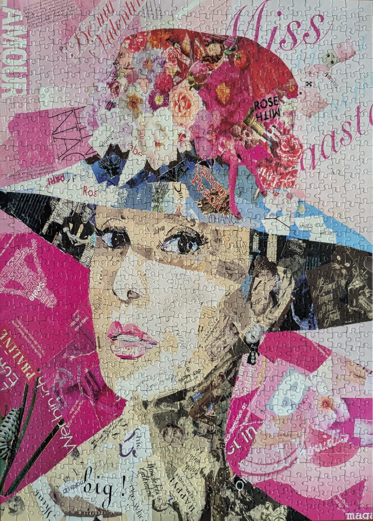 Collage-style portrait of a woman wearing a large floral hat in shades of pink, white, and black.