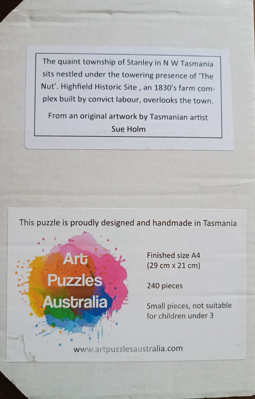 Text describing the artwork of Stanley, Tasmania, featuring The Nut and Highfield Historic Site.