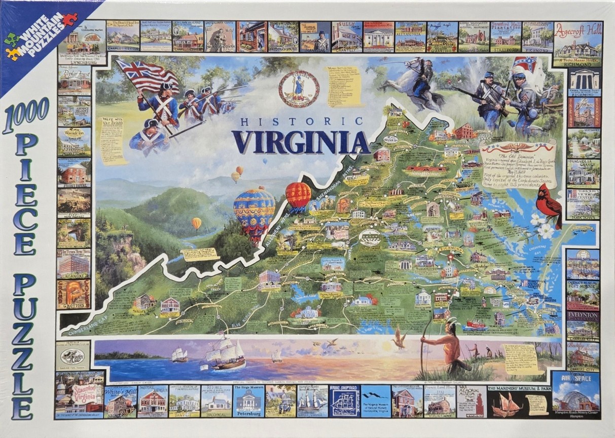 An illustrated map of historic Virginia surrounded by a border of small landmark images.