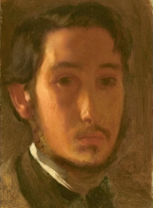 A close-up oil painting portrait of a young man with dark hair and sideburns against a plain brown background.