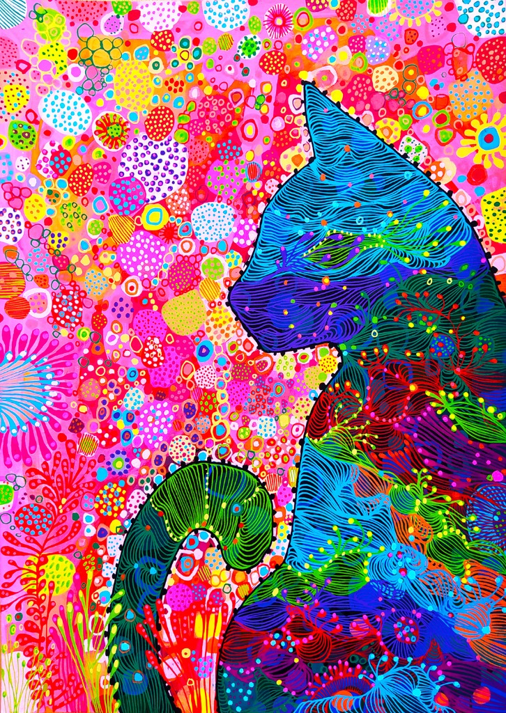 A profile view of a stylized cat filled with psychedelic, swirling patterns against a vibrant, dot-filled pink background.