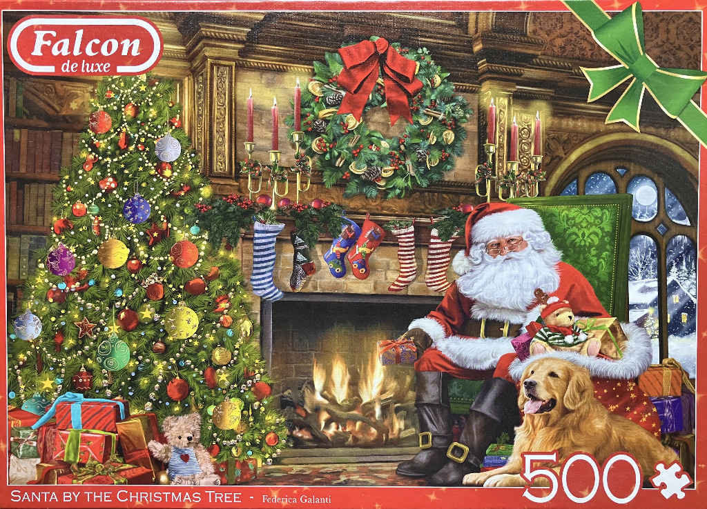Santa Claus sitting in a green armchair with a golden retriever by a decorated Christmas tree and fireplace.