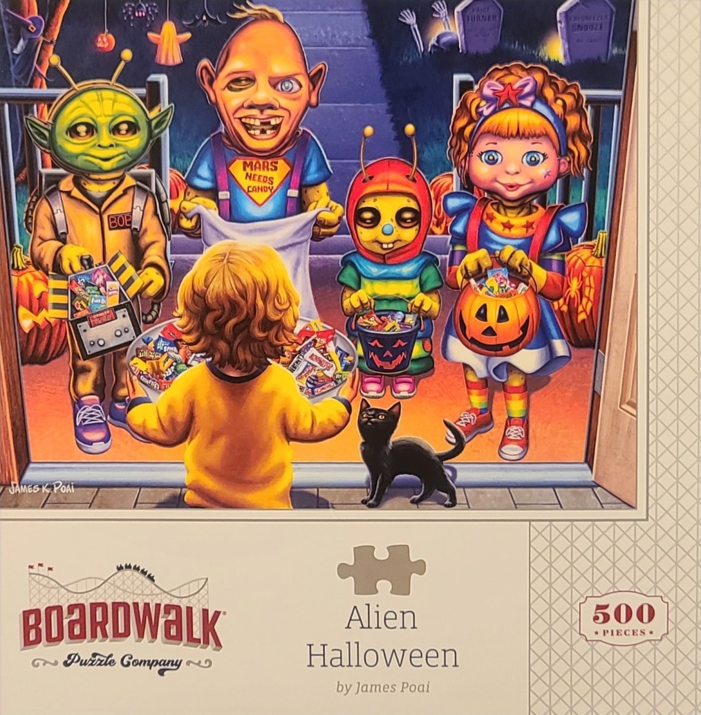 A group of costumed children and aliens trick-or-treating at a doorway on Halloween night.