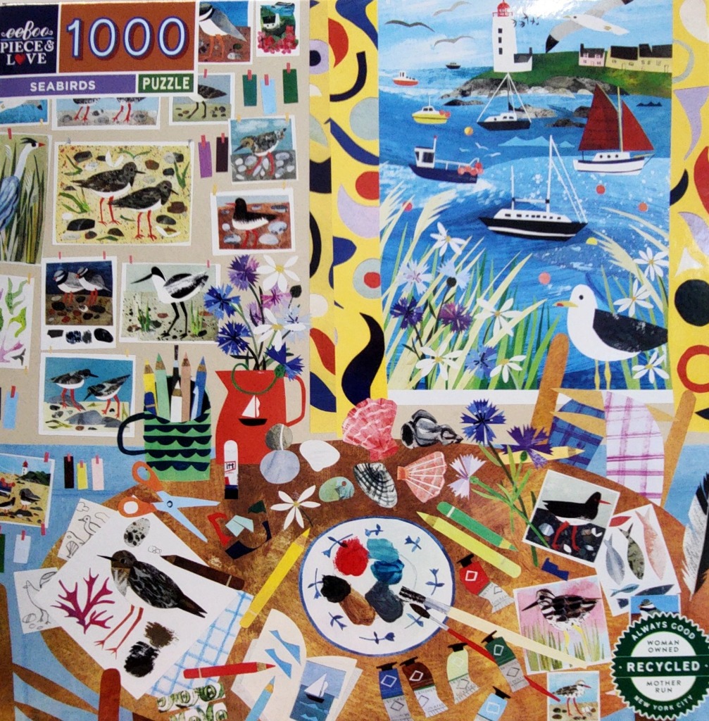 A collage-style illustration featuring seabirds, coastal landscapes, and an artist's workspace with shells and paint.