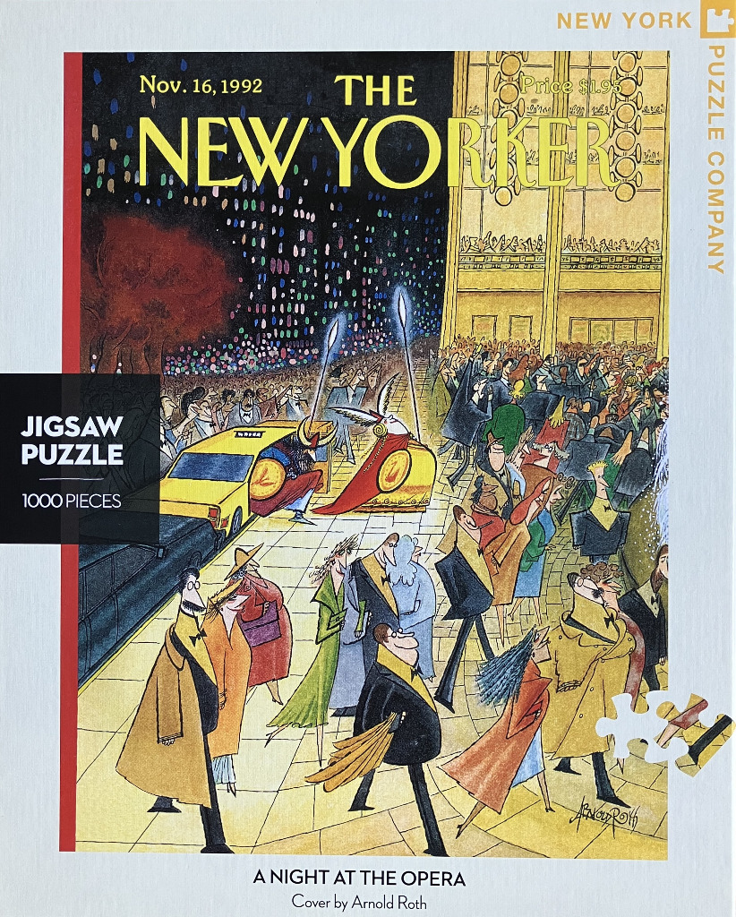 Cartoon illustration of a busy, elegant crowd arriving at an opera house on a city street at night.