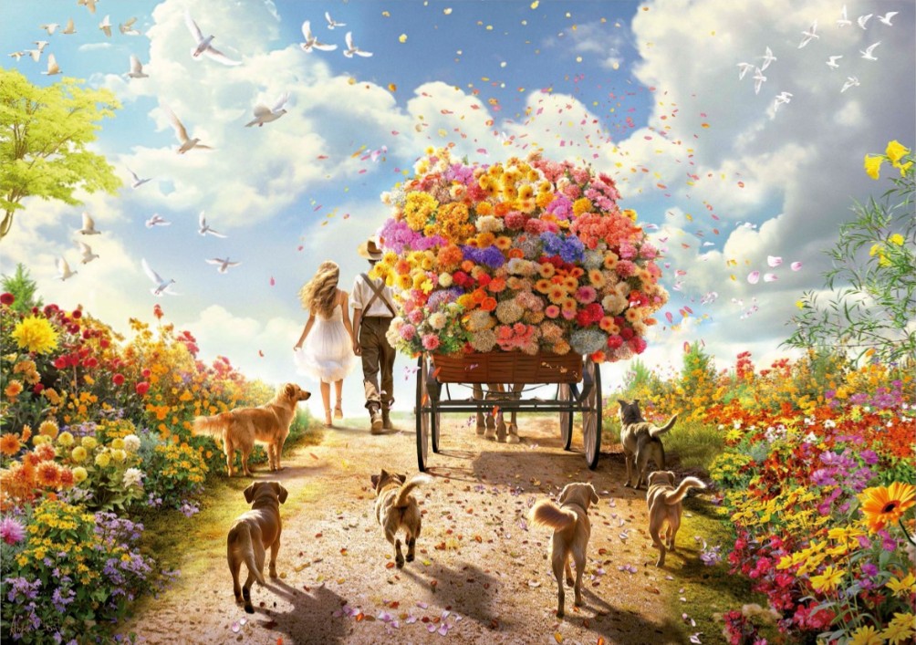 A couple walks down a flower-lined path pulling a cart overflowing with colorful blooms, accompanied by several dogs.