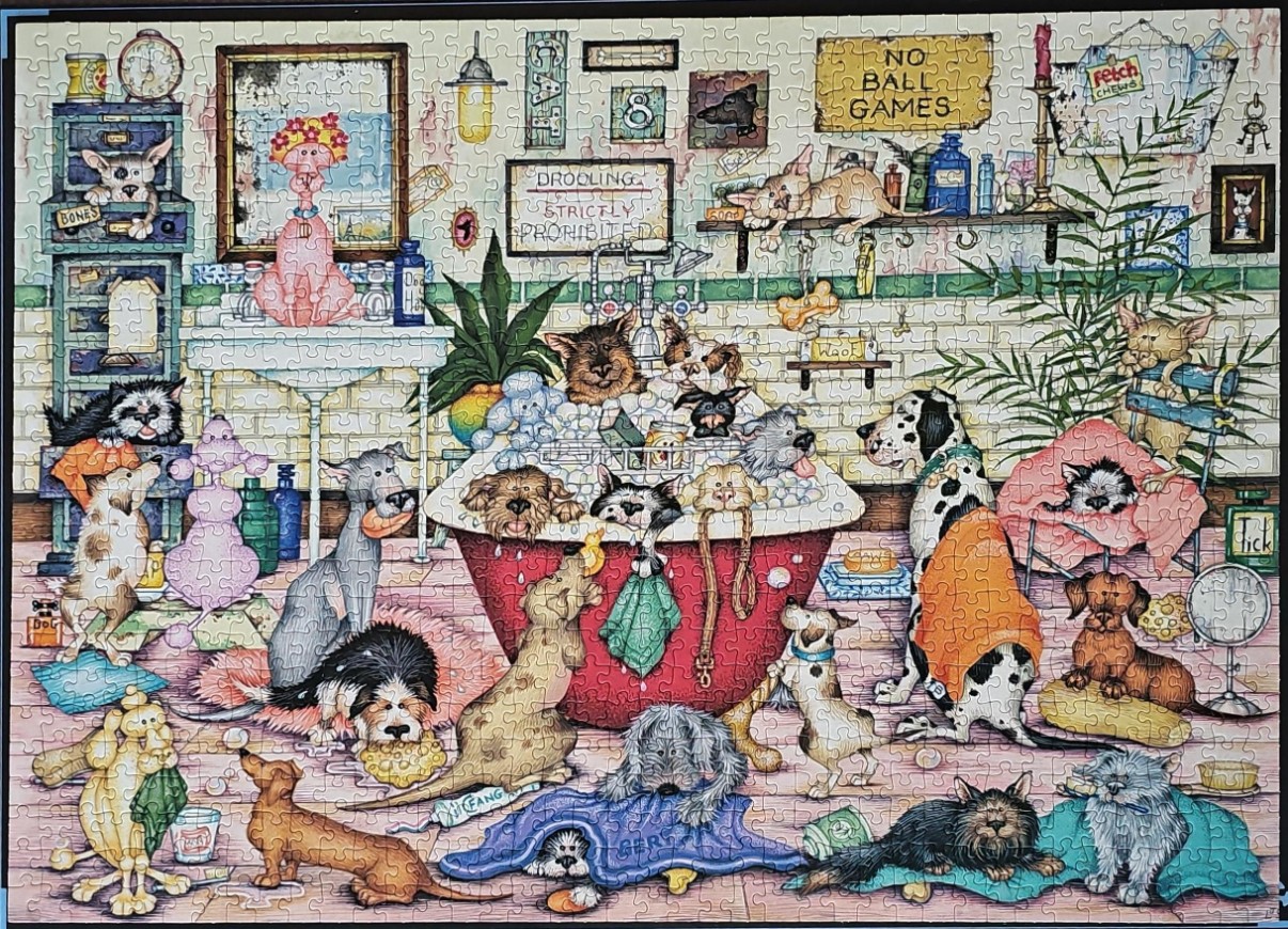 A chaotic, whimsical cartoon bathroom scene crowded with many different dogs of various breeds being bathed and groomed.