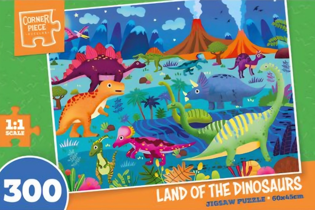 Illustrated prehistoric landscape featuring diverse colorful dinosaurs and two erupting volcanoes under a night sky.