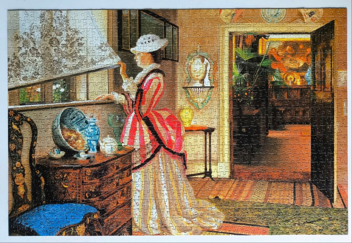 A woman in an 18th-century dress looks out a window in a sunlit, ornate interior setting.
