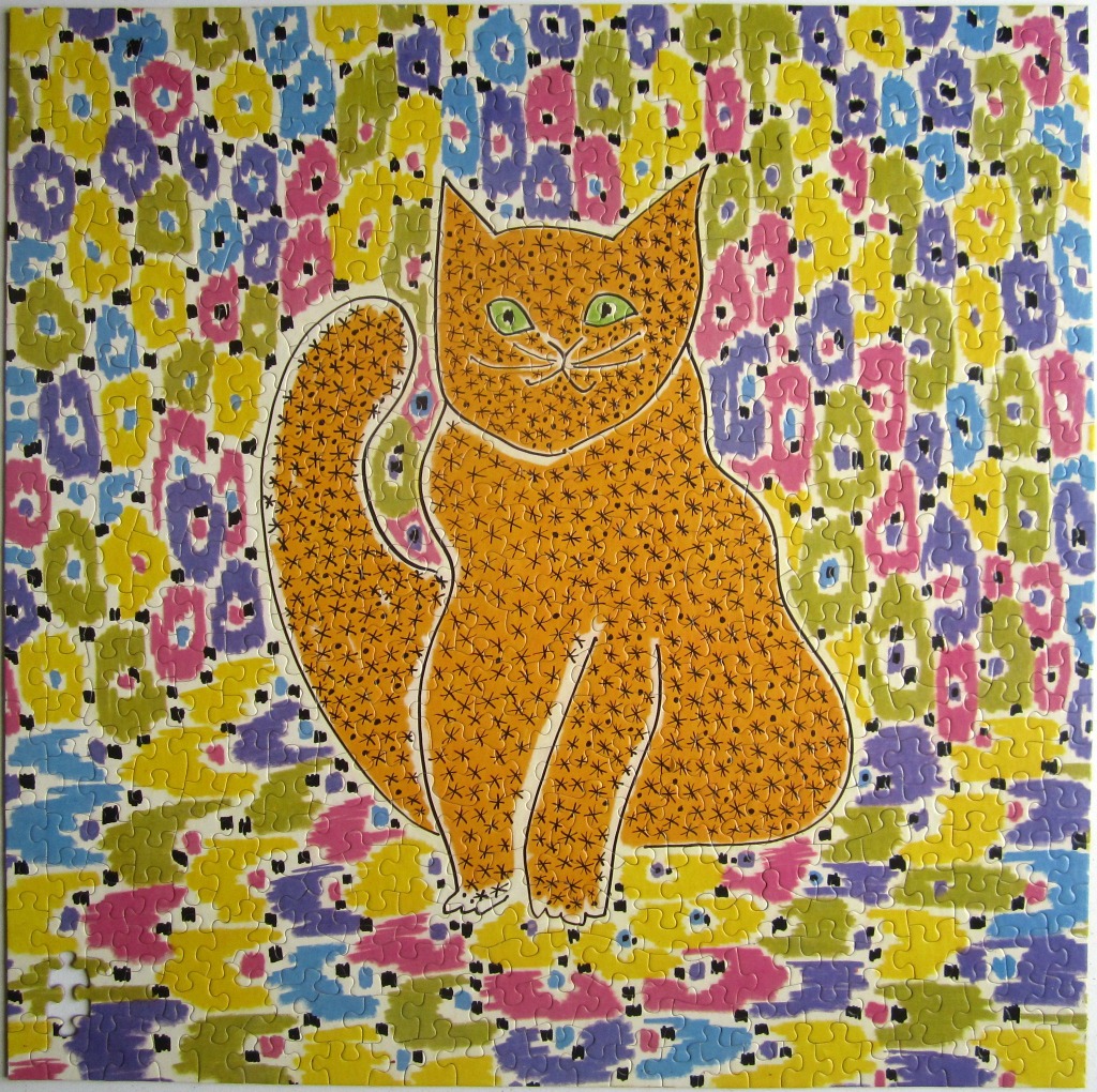 A whimsical illustration of an orange cat sitting against a vibrant, abstract mosaic background.