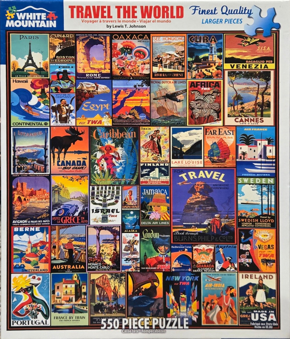 A collage of vintage-style travel posters depicting various global destinations.
