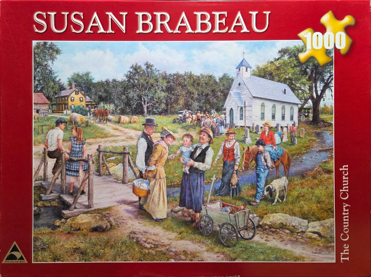 Painting of a rural 19th-century church scene with families, a bridge, and a horse-drawn cart.
