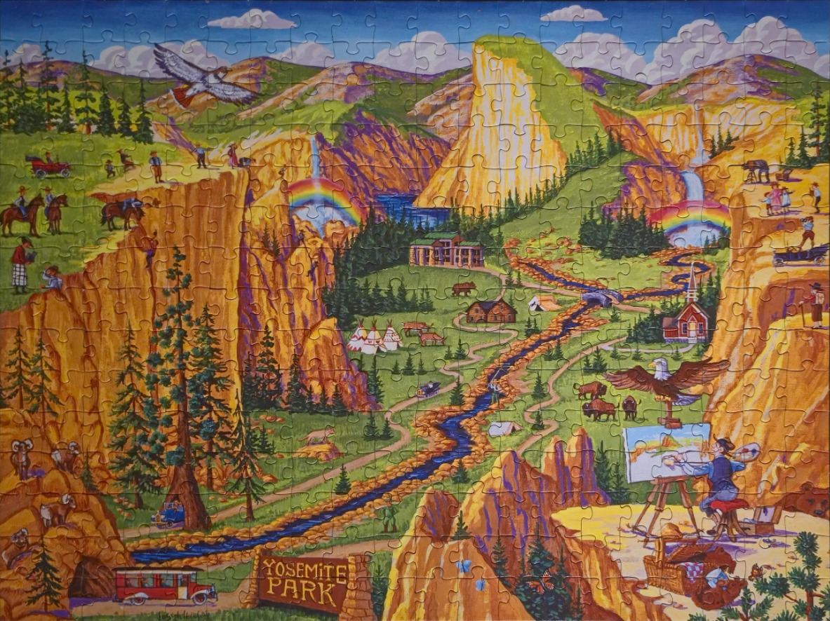 Artistic illustration of Yosemite National Park featuring mountains, waterfalls, wildlife, and visitors.