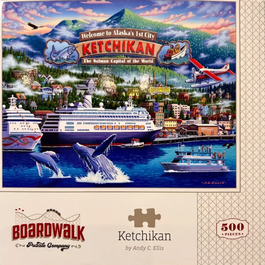 Painting of Ketchikan, Alaska, featuring a harbor, cruise ships, whales, and floatplanes against mountain scenery.