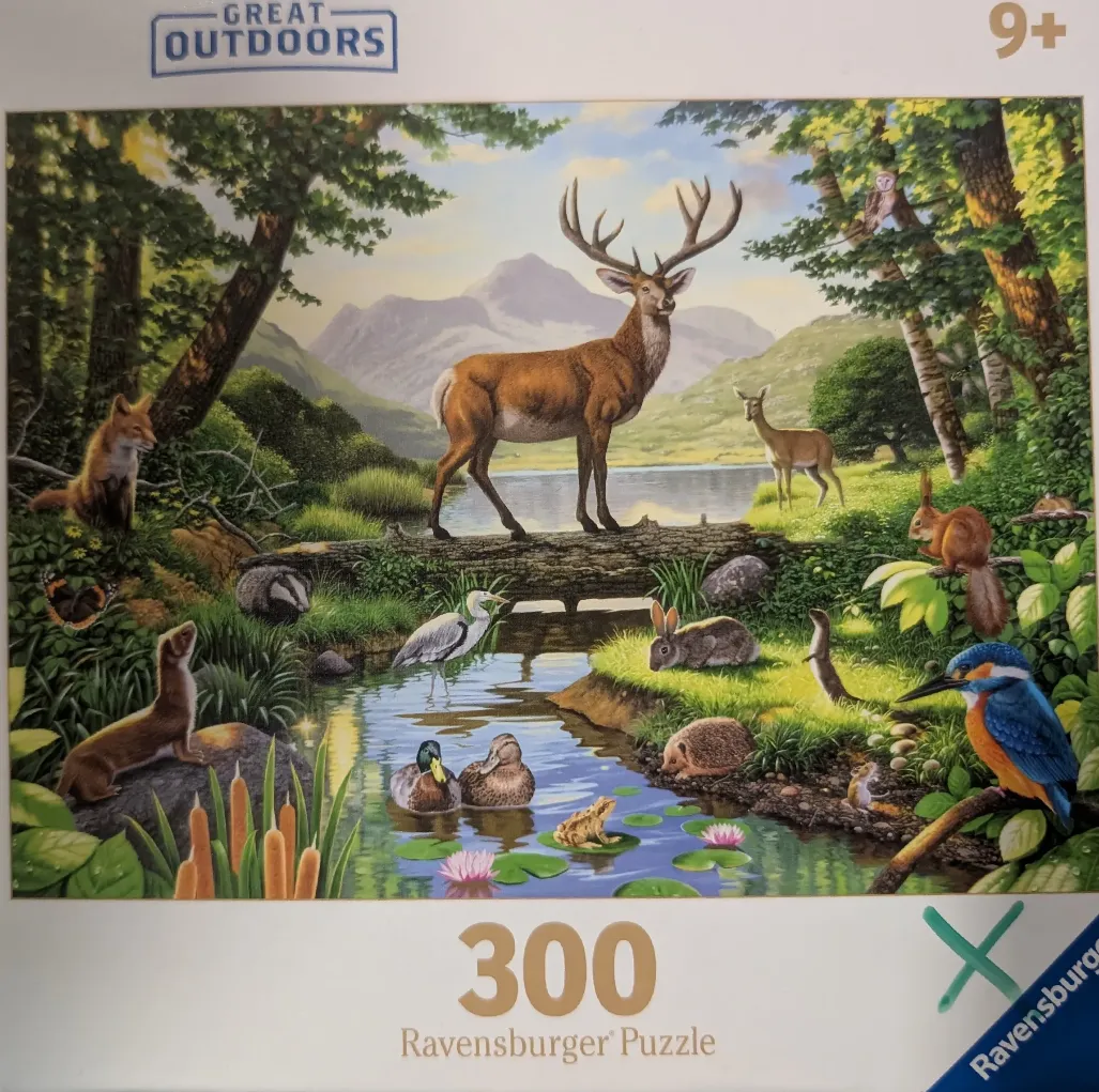A detailed illustration of various woodland animals gathered around a stream in a lush mountain landscape.