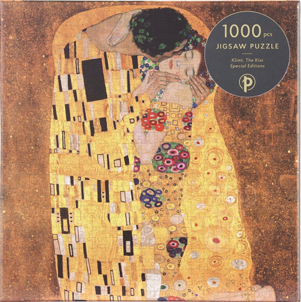 Gustav Klimt's The Kiss featuring a couple in an embrace adorned in golden, patterned robes.